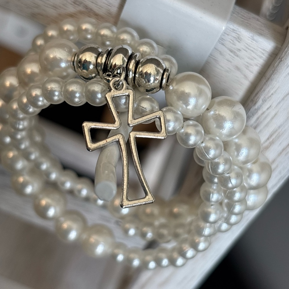 Elegant Silver and White Pearl 3 Strand Memory Wire Cross Bracelet